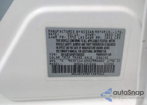 2015 Nissan Sentra S z USA, uszkodzony, nr VIN 3N1AB7AP8FY289262